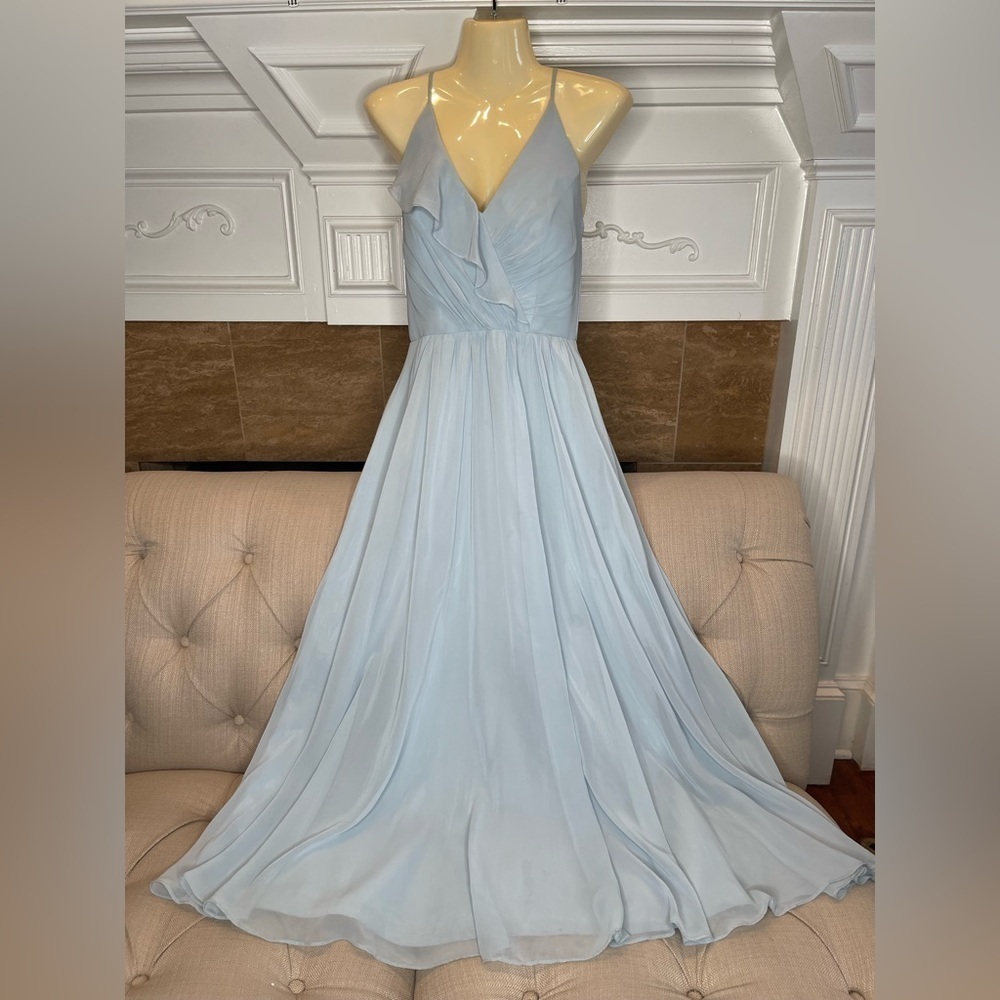 Jenny Yoo Bridesmaids Prom Dress Pale Blue Lined Chiffon Ruffle Neckline Sz 4